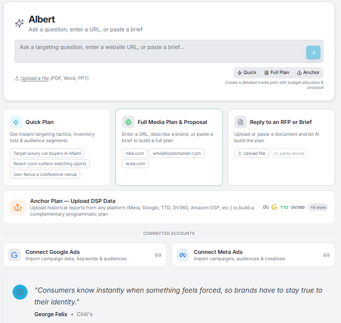 Albert AI planner — start with a prompt or upload a brief